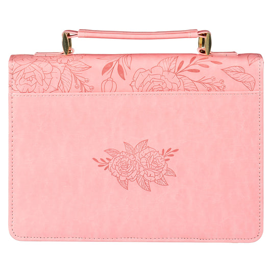 Large- Strength and Dignity Rose Pink Faux Leather Bible Cover - Proverbs 31:25