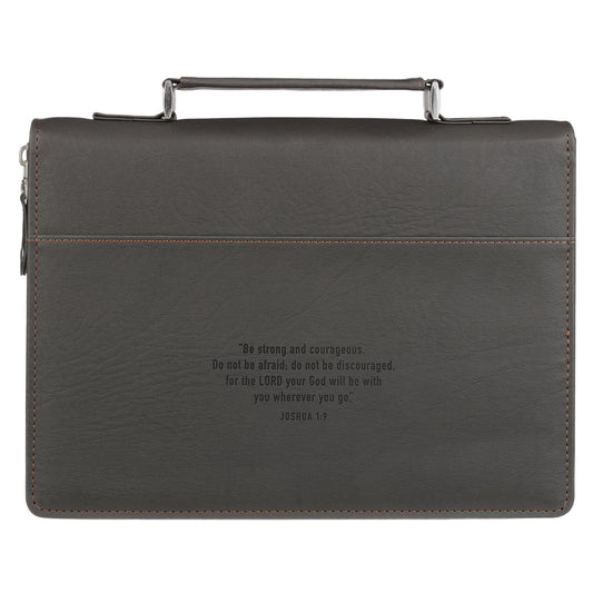 LARGE- Be Strong and Courageous Charcoal Gray Faux Leather Classic Bible Cover - Joshua 1:9