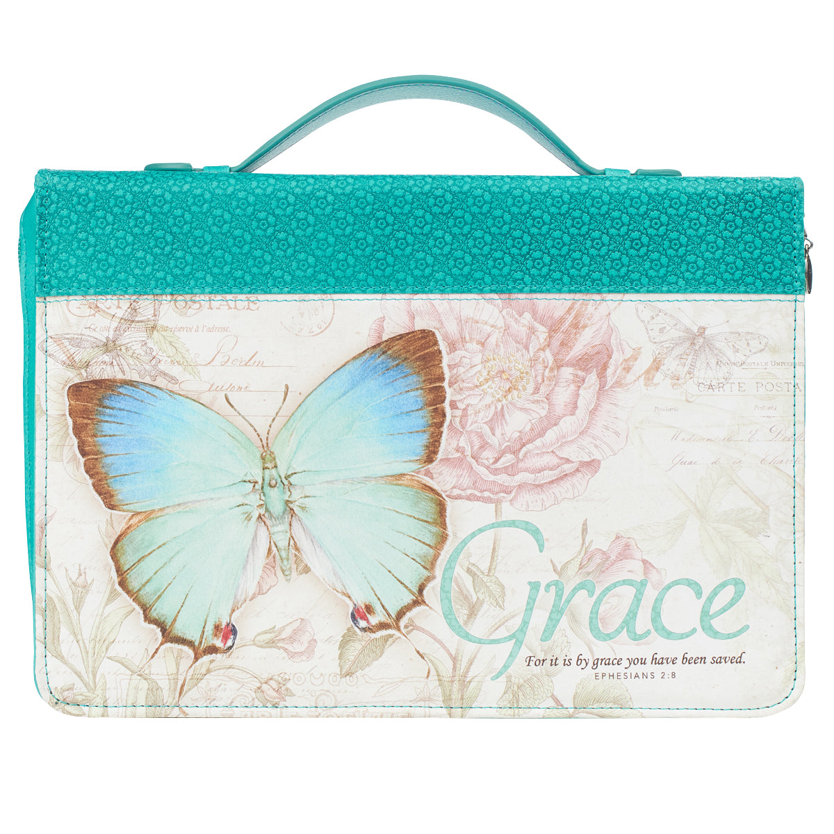 Grace Butterfly Blessings Teal Faux Leather Fashion Bible Cover LARGE - Ephesians 2:8