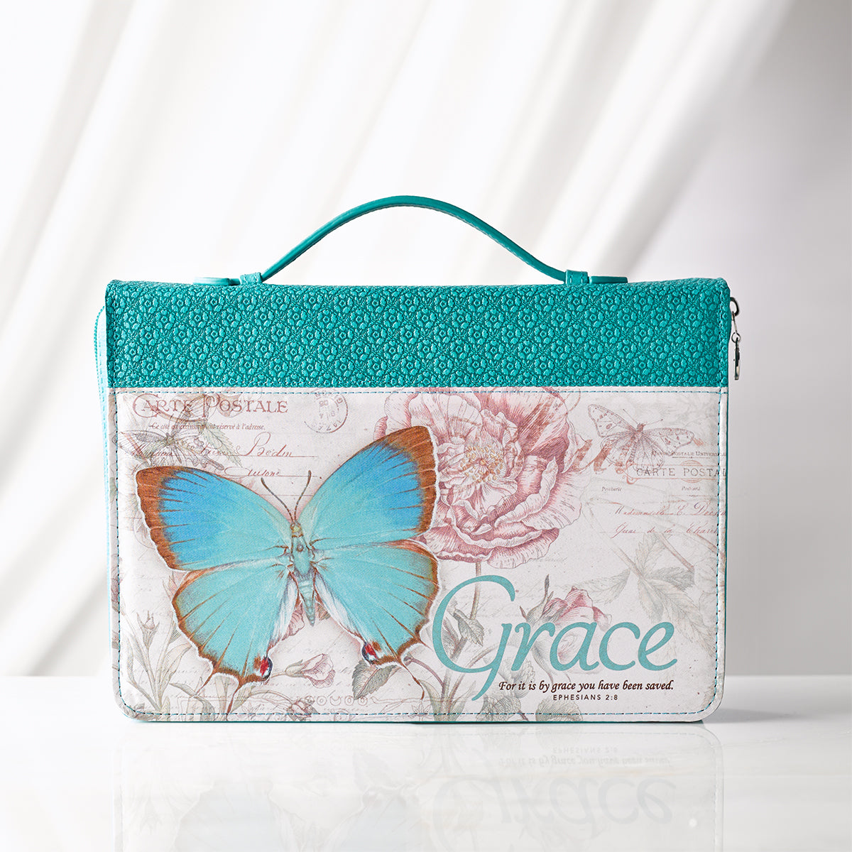 Grace Butterfly Blessings Teal Faux Leather Fashion Bible Cover LARGE - Ephesians 2:8