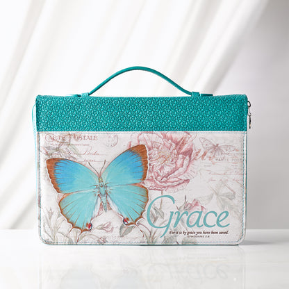 Grace Butterfly Blessings Teal Faux Leather Fashion Bible Cover LARGE - Ephesians 2:8