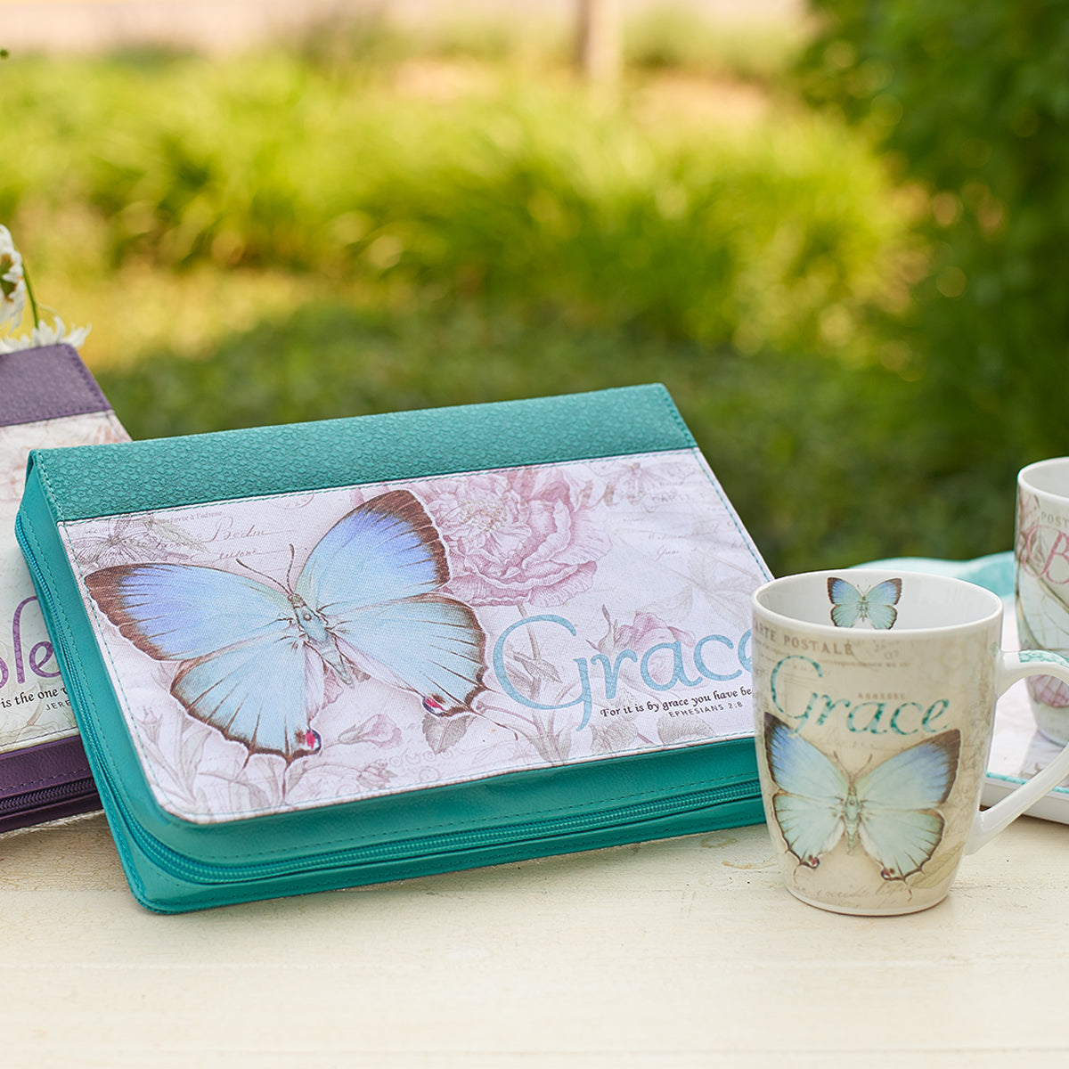 Grace Butterfly Blessings Teal Faux Leather Fashion Bible Cover LARGE - Ephesians 2:8