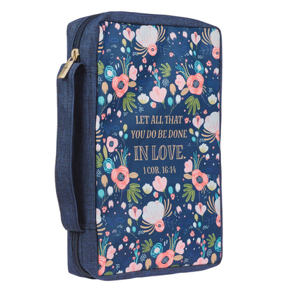 Done in Love Navy Floral Value Bible Case -LARGE  1 Corinthians 16:14