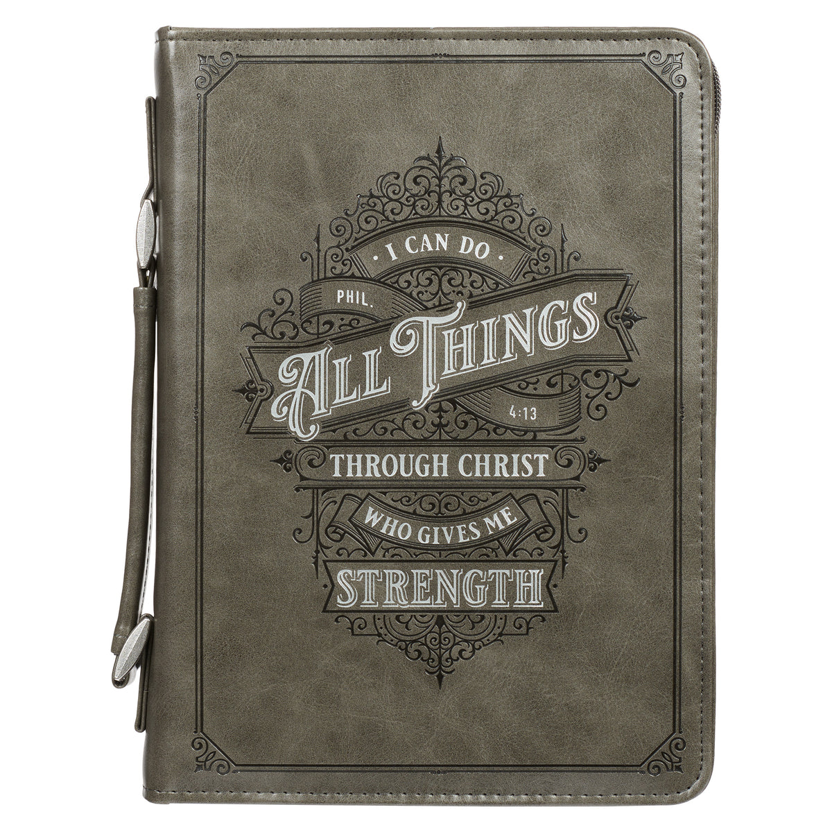 All Things Filigree Gray Faux Leather Classic Bible Cover LARGE- Philippians 4:13