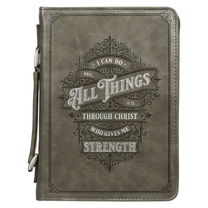 All Things Filigree Gray Faux Leather Classic Bible Cover LARGE- Philippians 4:13