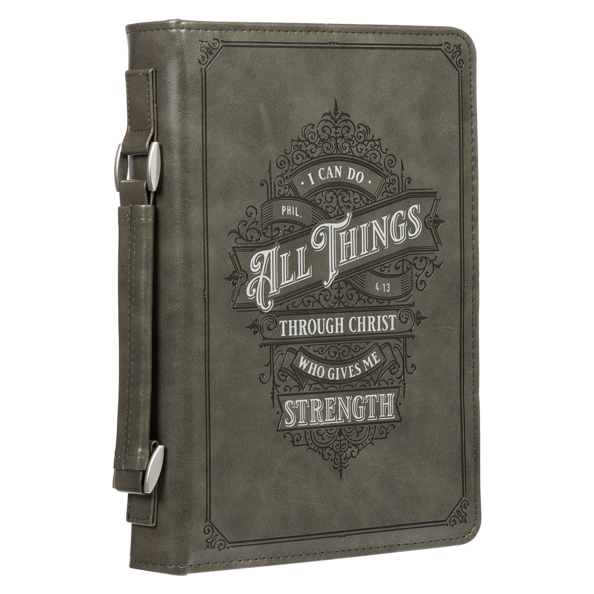 All Things Filigree Gray Faux Leather Classic Bible Cover LARGE- Philippians 4:13