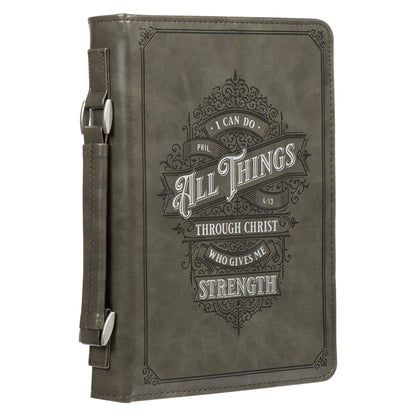 All Things Filigree Gray Faux Leather Classic Bible Cover LARGE- Philippians 4:13
