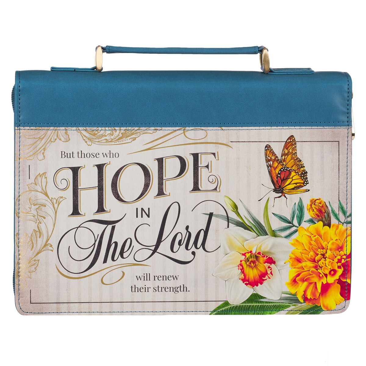 Large- Hope in the LORD Floral Mediterranean Blue Faux Leather Fashion Bible Cover