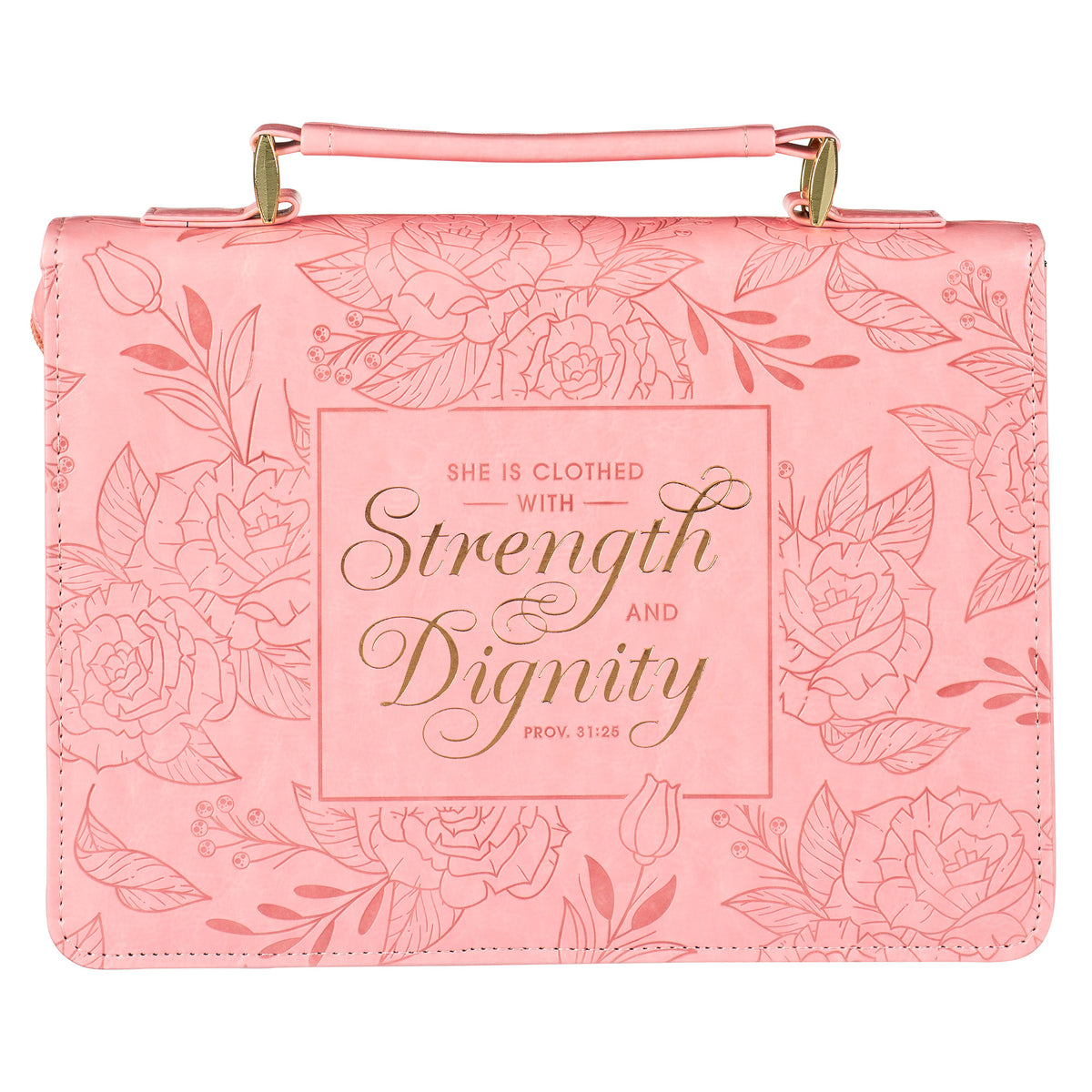 Large- Strength and Dignity Rose Pink Faux Leather Bible Cover - Proverbs 31:25