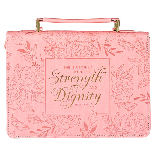 Large- Strength and Dignity Rose Pink Faux Leather Bible Cover - Proverbs 31:25