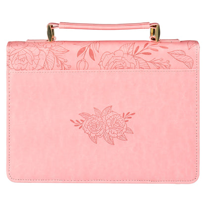 Large- Strength and Dignity Rose Pink Faux Leather Bible Cover - Proverbs 31:25