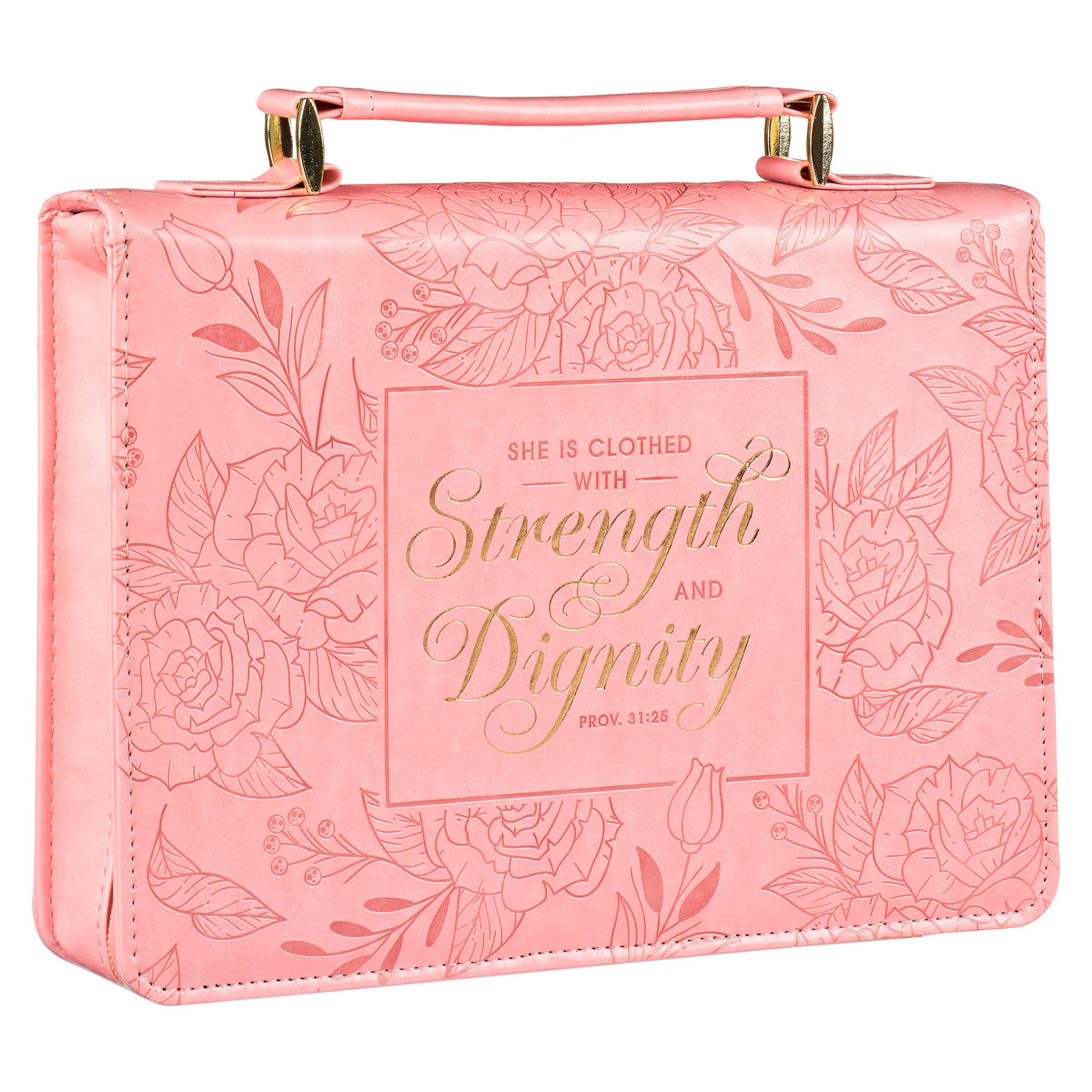 Large- Strength and Dignity Rose Pink Faux Leather Bible Cover - Proverbs 31:25