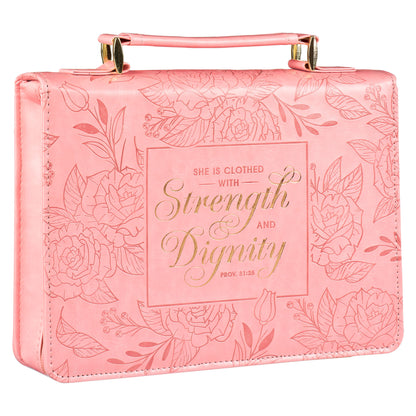 Large- Strength and Dignity Rose Pink Faux Leather Bible Cover - Proverbs 31:25
