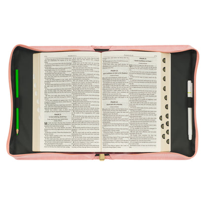 Large- Strength and Dignity Rose Pink Faux Leather Bible Cover - Proverbs 31:25