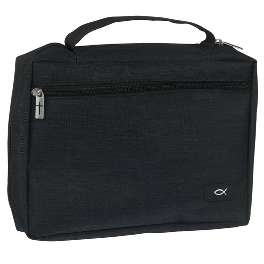 Medium- Jet Black Poly-canvas Value Bible Cover with Ichthus Patch