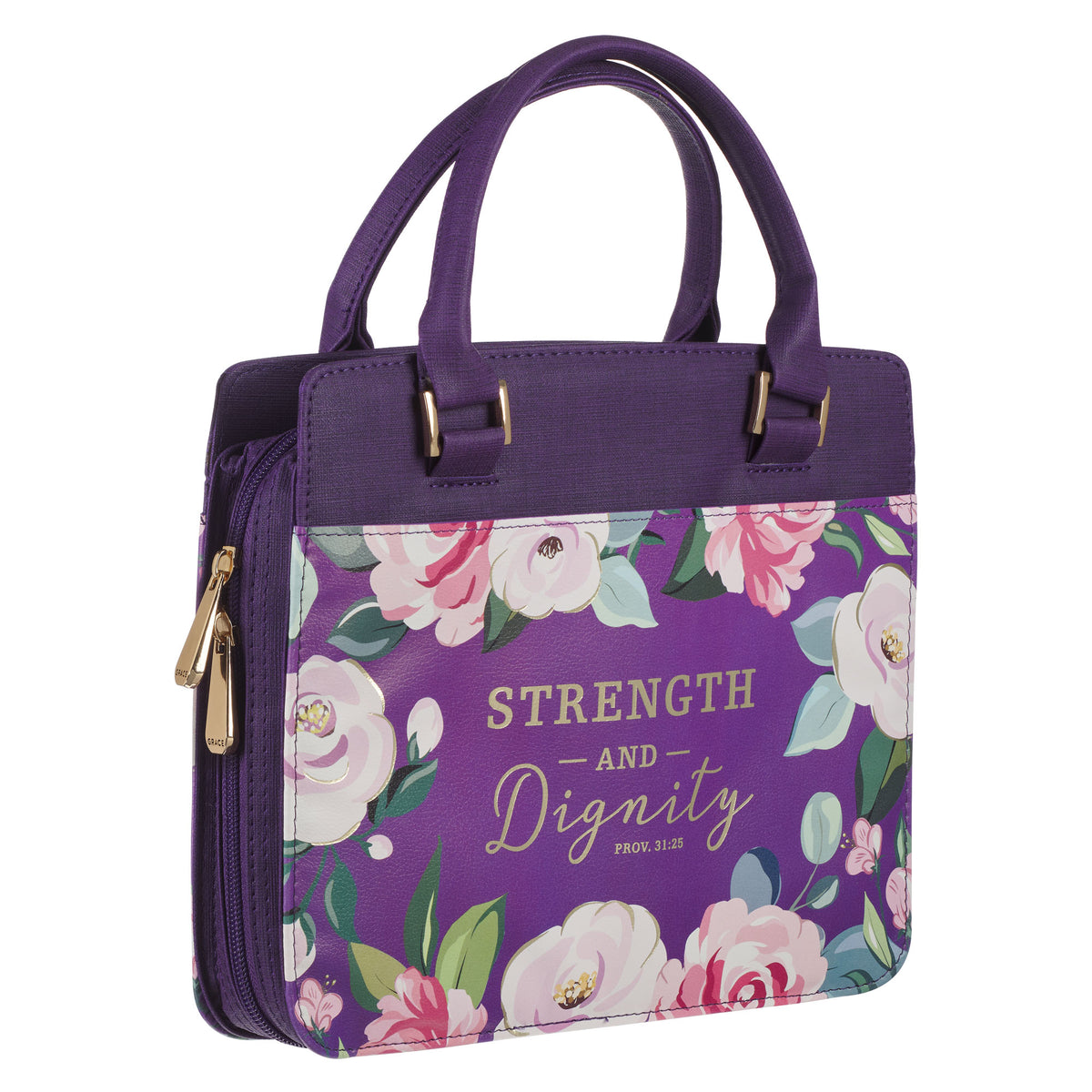 Strength and Dignity Purple Floral Purse-style Bible Cover - Proverbs 31:25