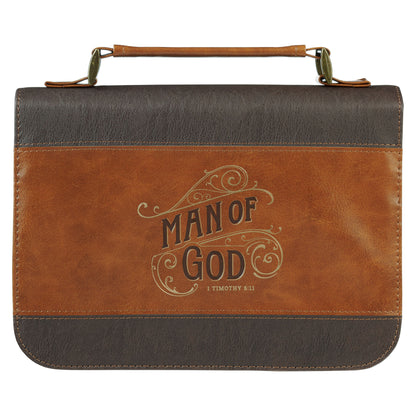 Man of God Honey-Brown and Espresso Faux Leather Bible Cover - LARGE- 1 Timothy 6:11