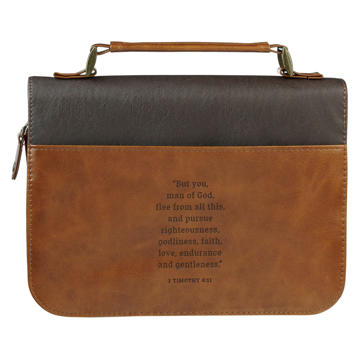 Man of God Honey-Brown and Espresso Faux Leather Bible Cover - LARGE- 1 Timothy 6:11