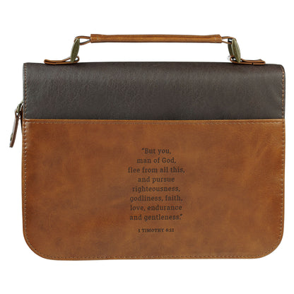 Man of God Honey-Brown and Espresso Faux Leather Bible Cover - LARGE- 1 Timothy 6:11