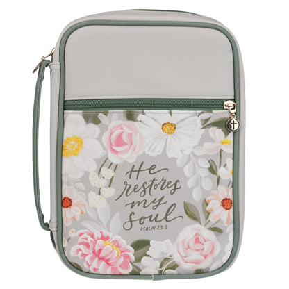 Large- He Restores My Soul Gray Faux Leather Fashion Bible Cover - Psalm 23:3