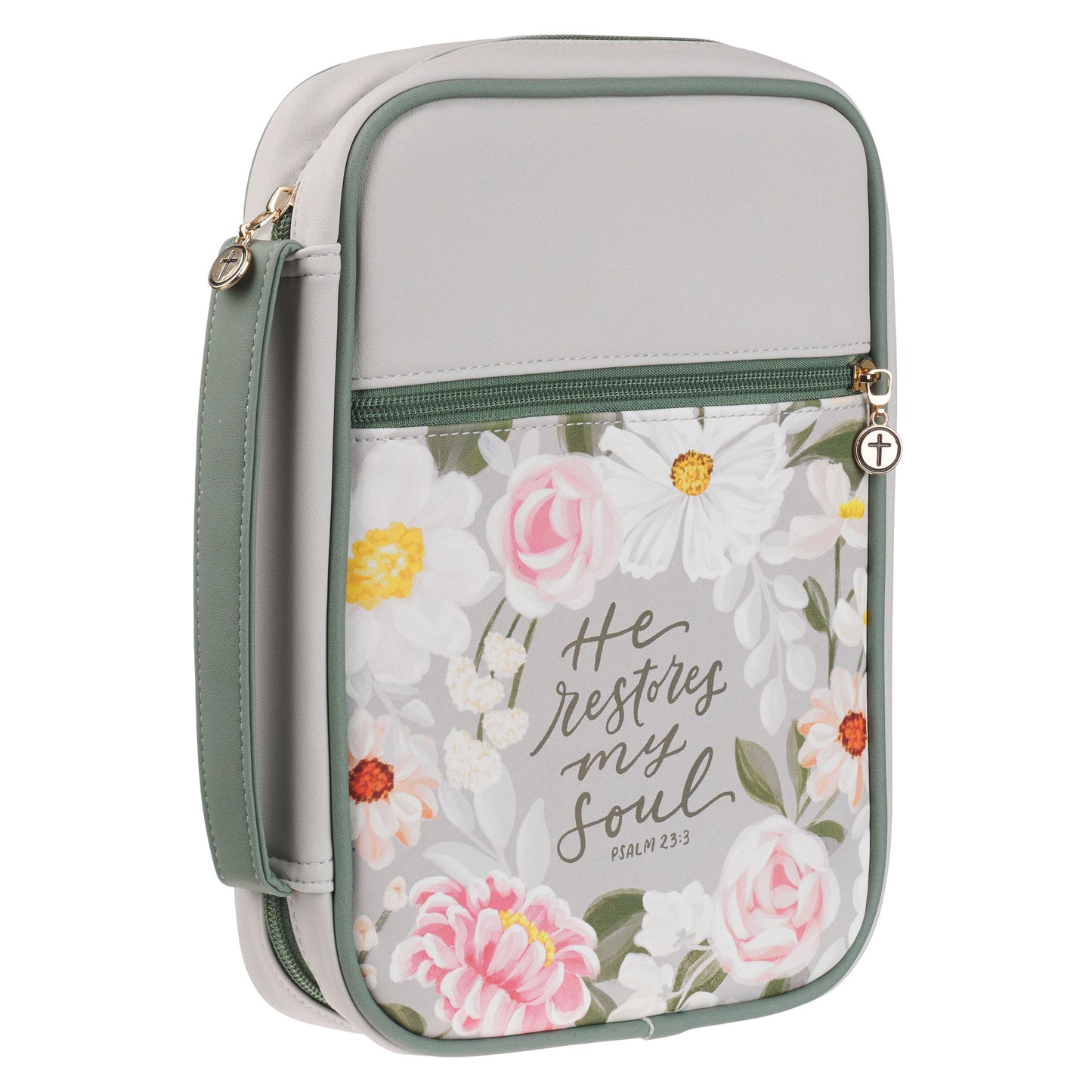 Large- He Restores My Soul Gray Faux Leather Fashion Bible Cover - Psalm 23:3