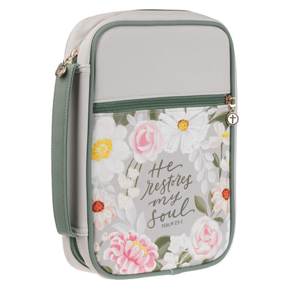 Large- He Restores My Soul Gray Faux Leather Fashion Bible Cover - Psalm 23:3