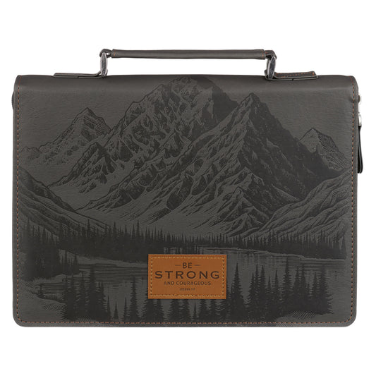 LARGE- Be Strong and Courageous Charcoal Gray Faux Leather Classic Bible Cover - Joshua 1:9