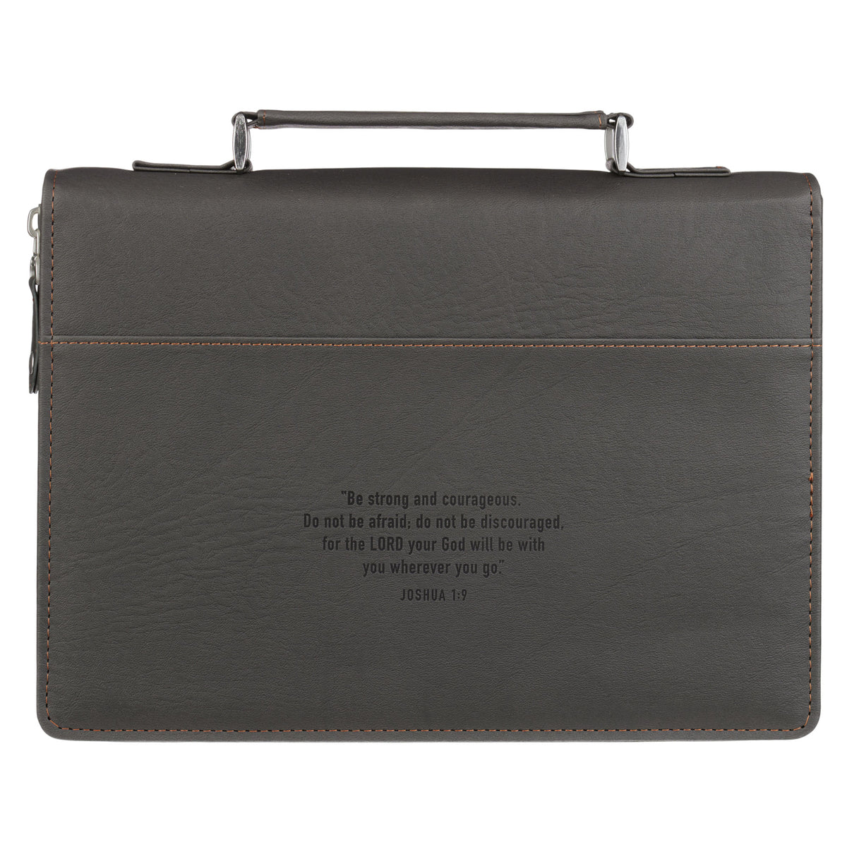 LARGE- Be Strong and Courageous Charcoal Gray Faux Leather Classic Bible Cover - Joshua 1:9
