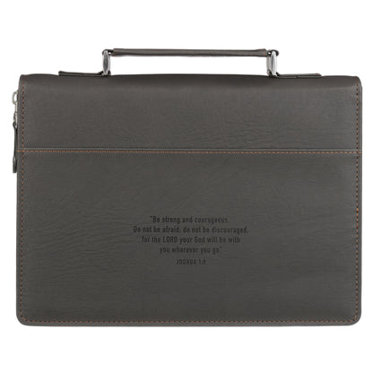 LARGE- Be Strong and Courageous Charcoal Gray Faux Leather Classic Bible Cover - Joshua 1:9
