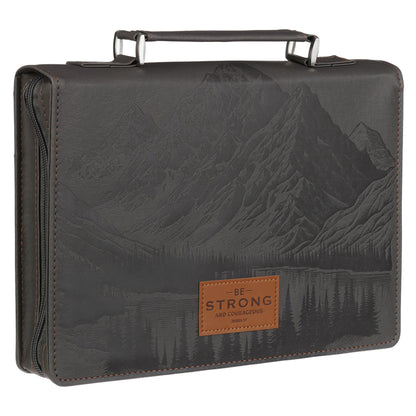 LARGE- Be Strong and Courageous Charcoal Gray Faux Leather Classic Bible Cover - Joshua 1:9