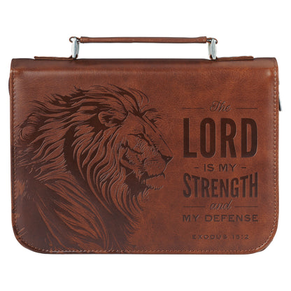 Large- The Lord is My Strength Lion Honey-brown Faux Leather Classic Bible Cover - Exodus 15:2