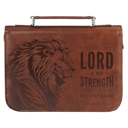 Large- The Lord is My Strength Lion Honey-brown Faux Leather Classic Bible Cover - Exodus 15:2