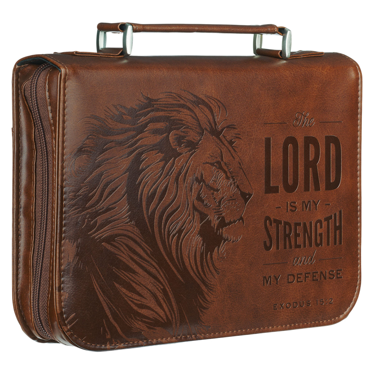 Large- The Lord is My Strength Lion Honey-brown Faux Leather Classic Bible Cover - Exodus 15:2
