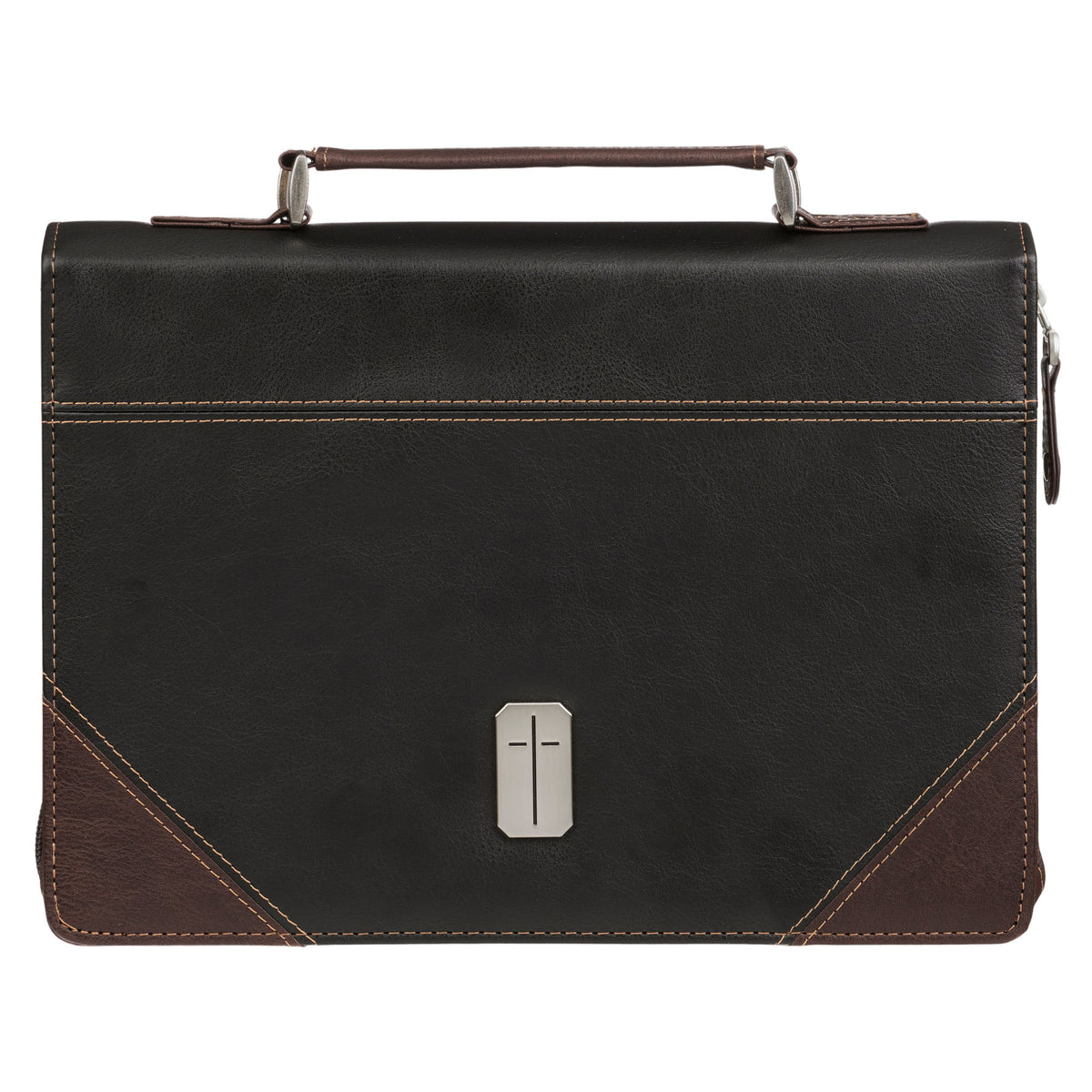 Large- Pursue Righteousness Black and Walnut Brown Faux Leather Classic Bible Cover - 1 Timothy 6:11