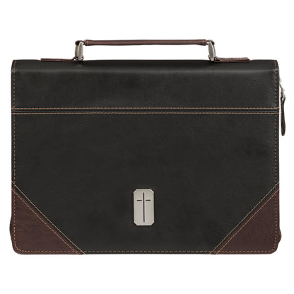Large- Pursue Righteousness Black and Walnut Brown Faux Leather Classic Bible Cover - 1 Timothy 6:11