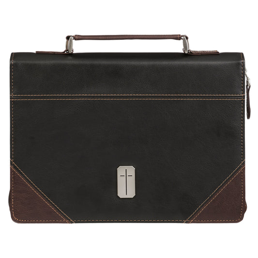 Large- Pursue Righteousness Black and Walnut Brown Faux Leather Classic Bible Cover - 1 Timothy 6:11