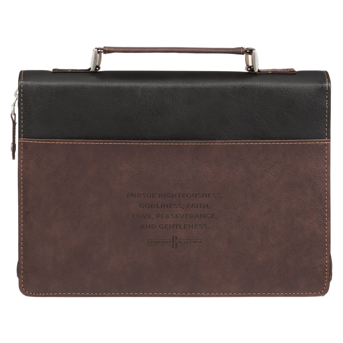 Large- Pursue Righteousness Black and Walnut Brown Faux Leather Classic Bible Cover - 1 Timothy 6:11