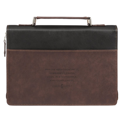 Large- Pursue Righteousness Black and Walnut Brown Faux Leather Classic Bible Cover - 1 Timothy 6:11