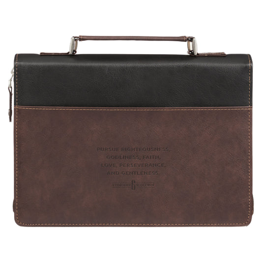 Large- Pursue Righteousness Black and Walnut Brown Faux Leather Classic Bible Cover - 1 Timothy 6:11