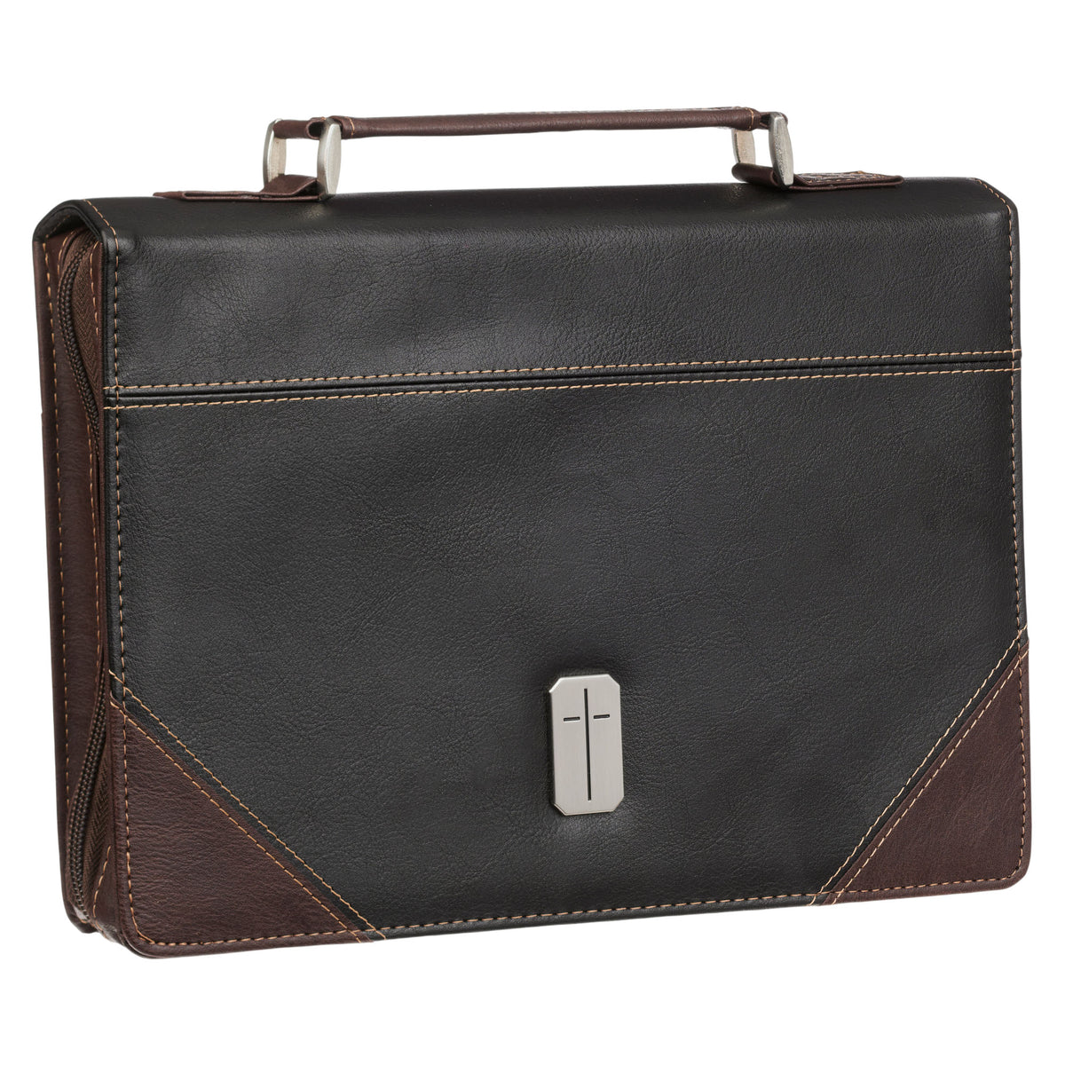 Large- Pursue Righteousness Black and Walnut Brown Faux Leather Classic Bible Cover - 1 Timothy 6:11