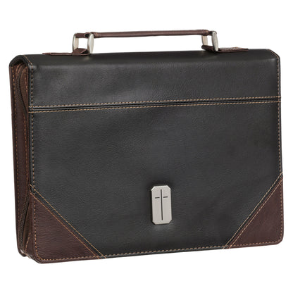 Large- Pursue Righteousness Black and Walnut Brown Faux Leather Classic Bible Cover - 1 Timothy 6:11