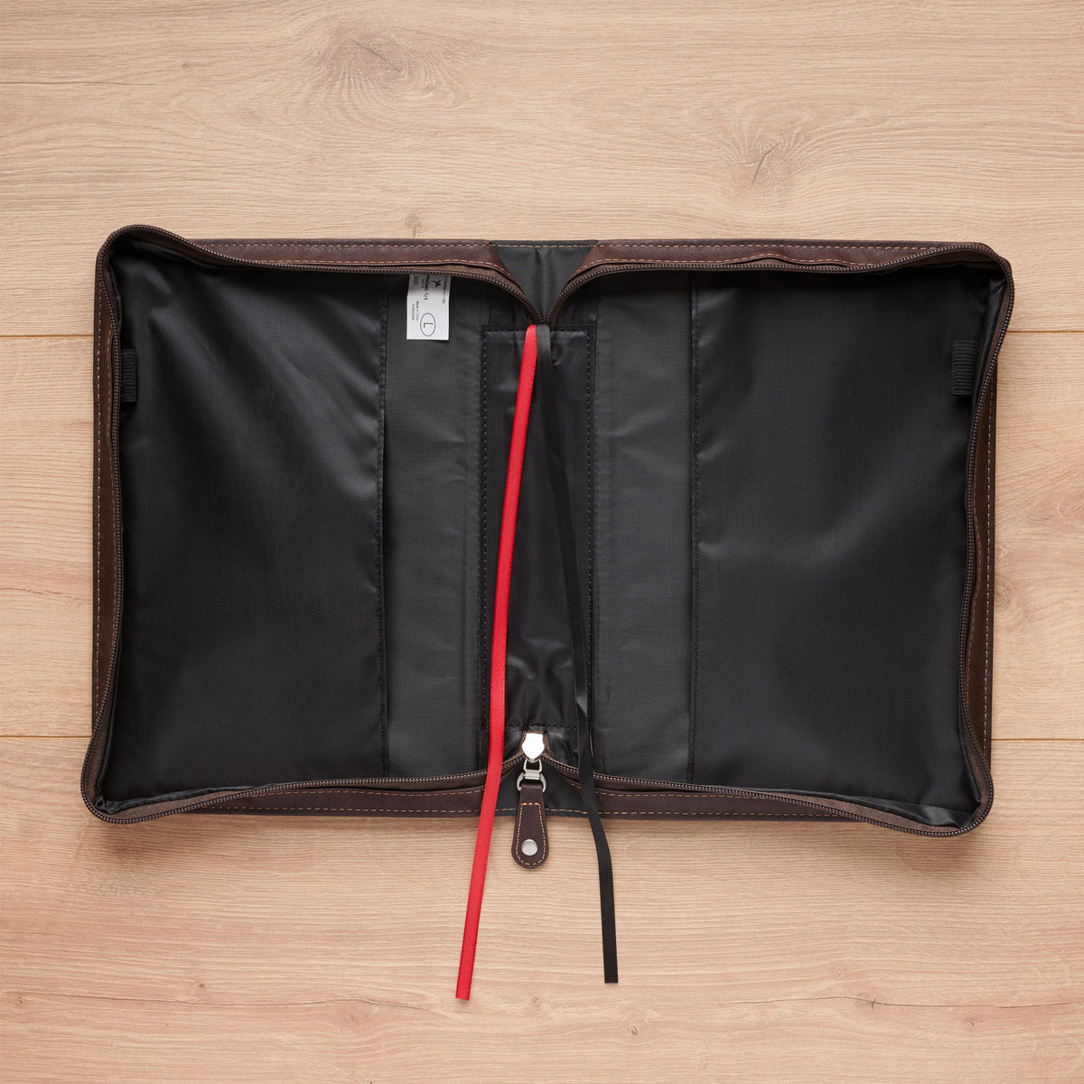 Large- Pursue Righteousness Black and Walnut Brown Faux Leather Classic Bible Cover - 1 Timothy 6:11