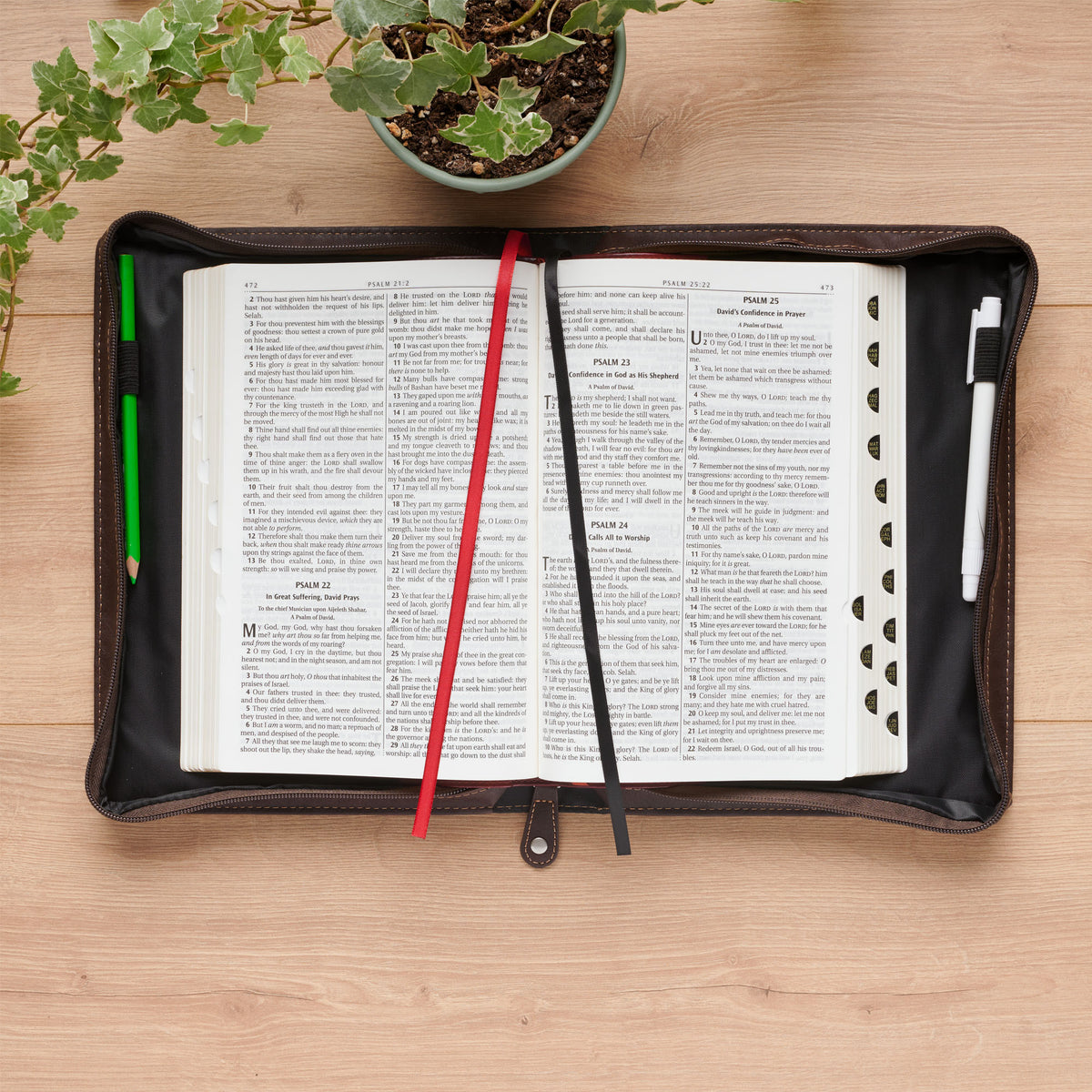 Large- Pursue Righteousness Black and Walnut Brown Faux Leather Classic Bible Cover - 1 Timothy 6:11