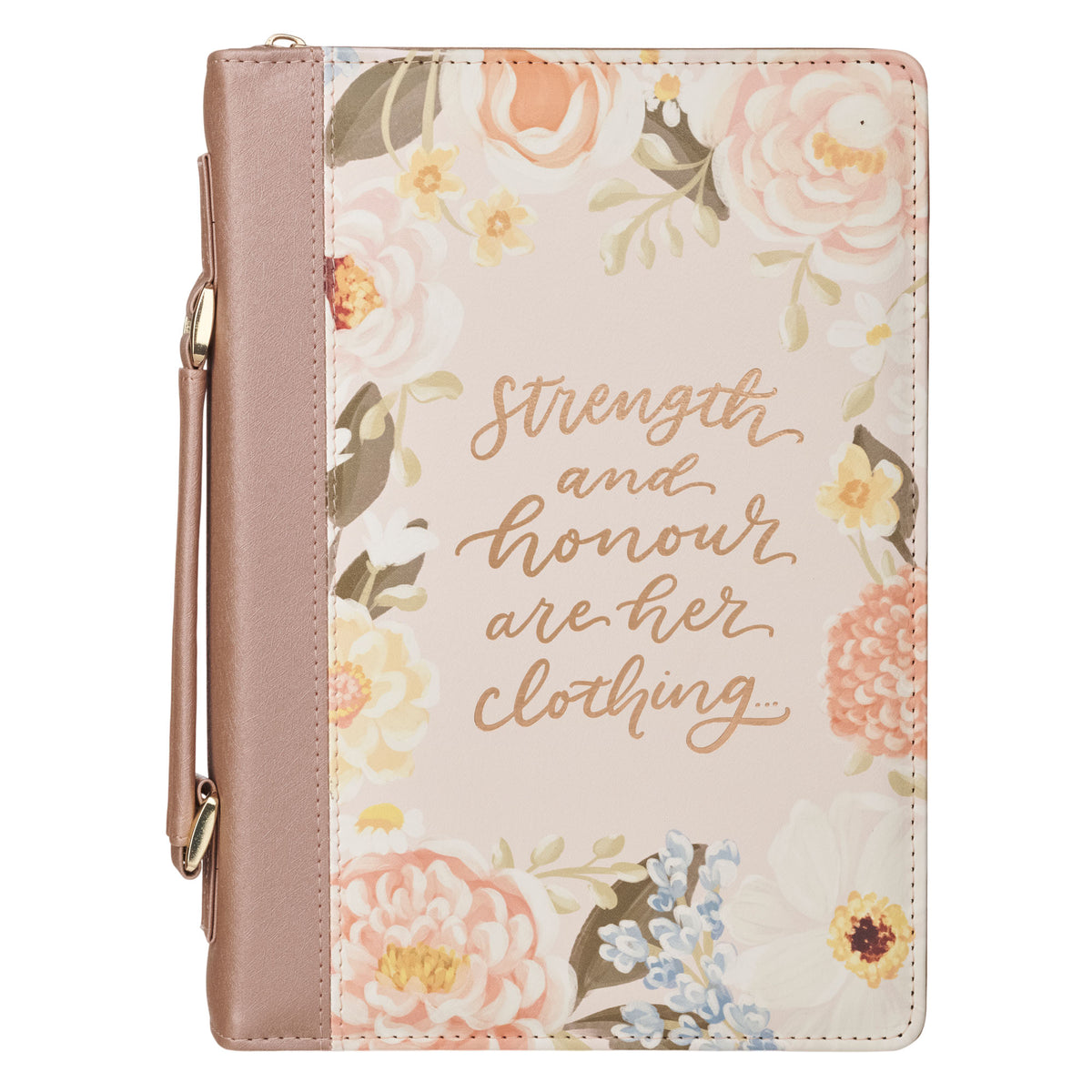 Strength and Honor Pink Floral Faux Leather Fashion Bible Cover - Proverbs 31:25