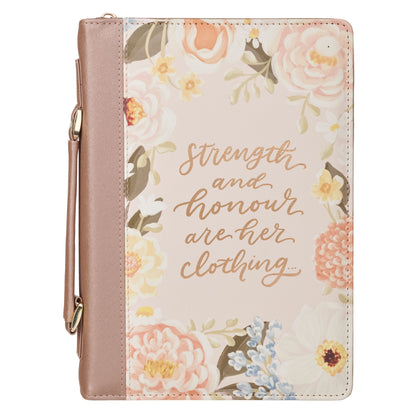 Strength and Honor Pink Floral Faux Leather Fashion Bible Cover - Proverbs 31:25