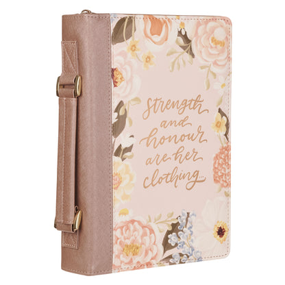 Strength and Honor Pink Floral Faux Leather Fashion Bible Cover - Proverbs 31:25