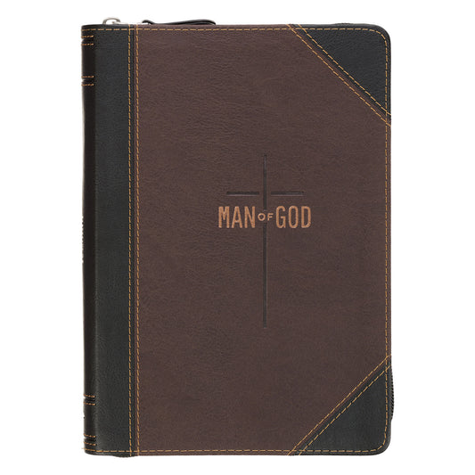 Man of God Espresso Brown and Walnut Faux Leather Classic Journal with Zipper Closure - 1 Timothy 6:11